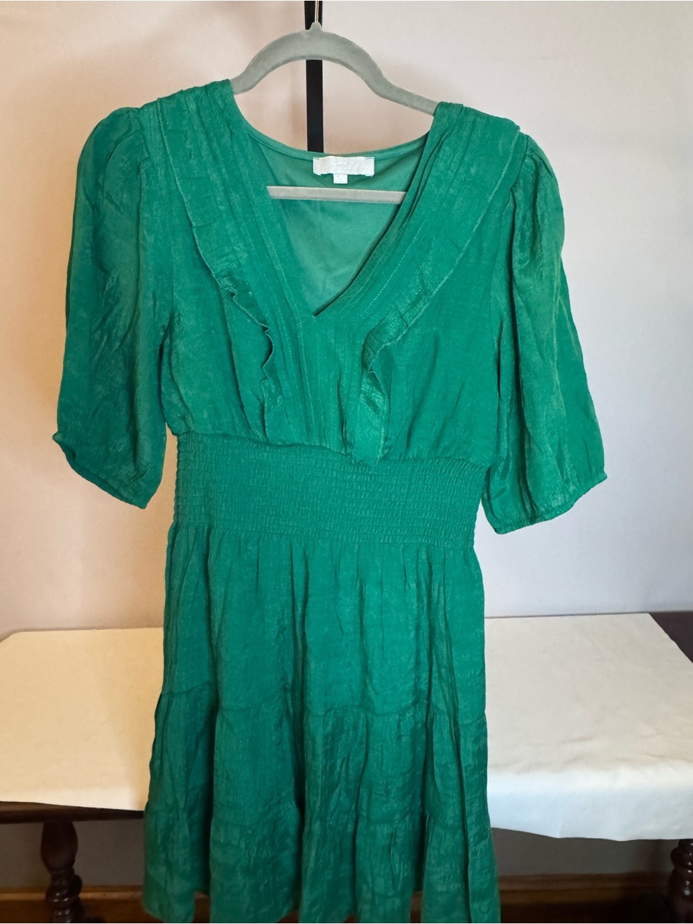 Emerald Green V-Neck Smocked-Waist Dress Womens Size Medium